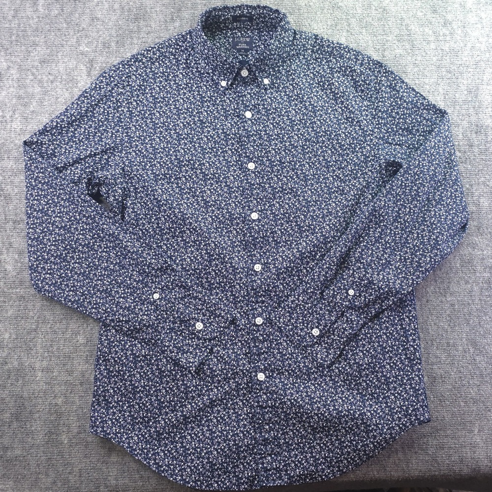 J Crew Flex Washed Shirt Medium Classic Blue White Floral‎ Geometric Long Sleeve
